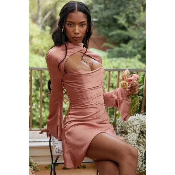 House of CB Satin Long Sleeve Dress in Blush - Picture 12 of 15